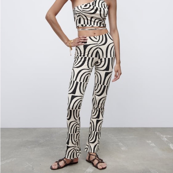 Zara Knit Jacquard Ribbed Patterned Cream & Black Pants